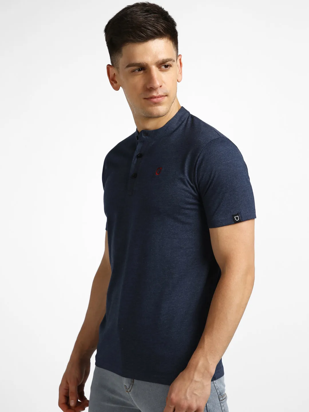 Men's Navy Melange Solid Mandarin Collar Slim Fit Half Sleeve Cotton T-Shirt