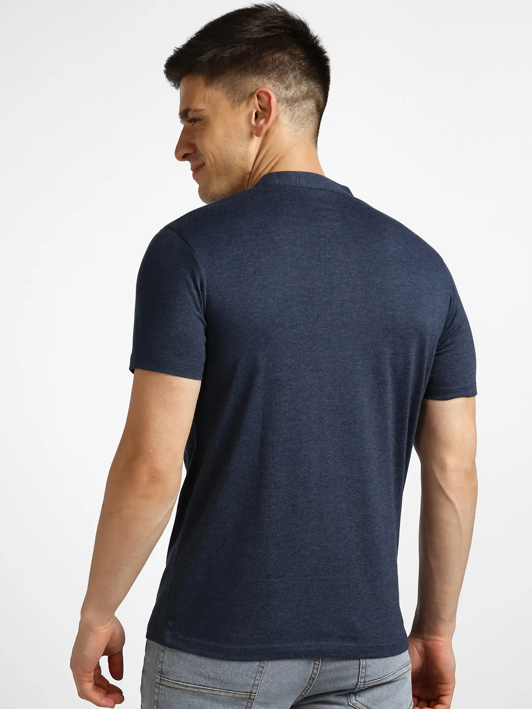 Men's Navy Melange Solid Mandarin Collar Slim Fit Half Sleeve Cotton T-Shirt