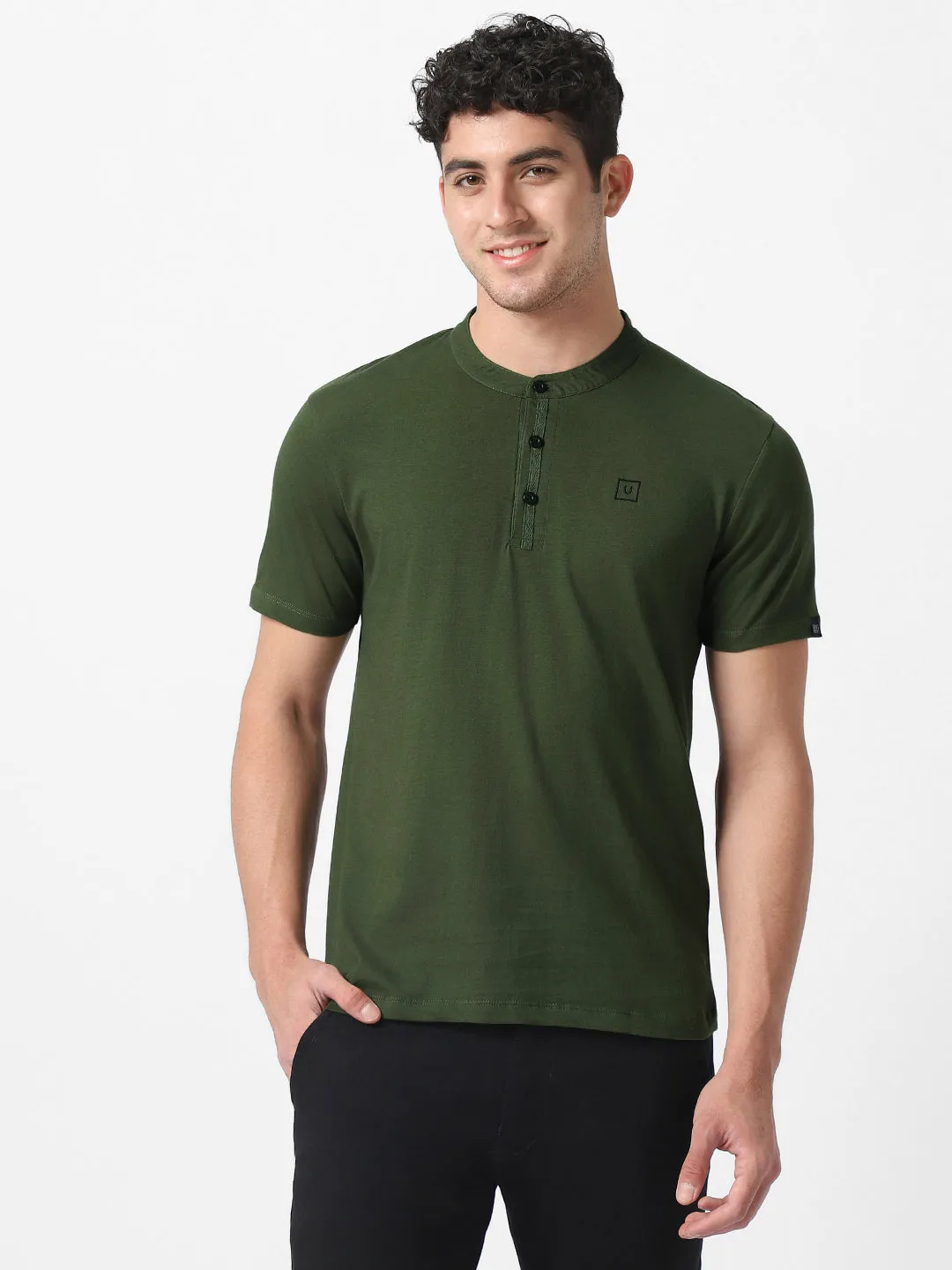 Men's Olive Green Solid Mandarin Collar Slim Fit Cotton T-Shirt