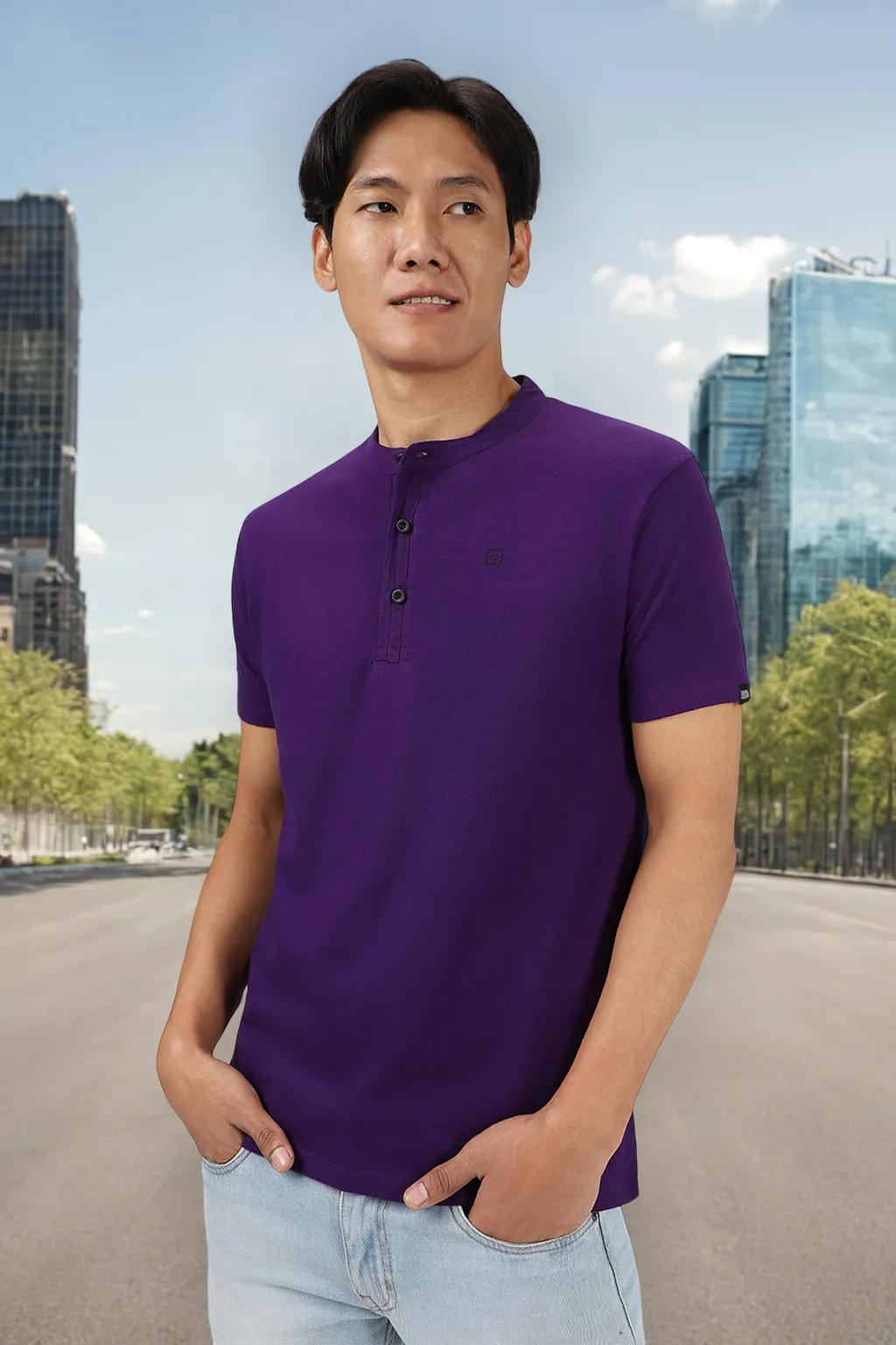 Men's Purple Solid Mandarin Collar Slim Fit Cotton T-Shirt