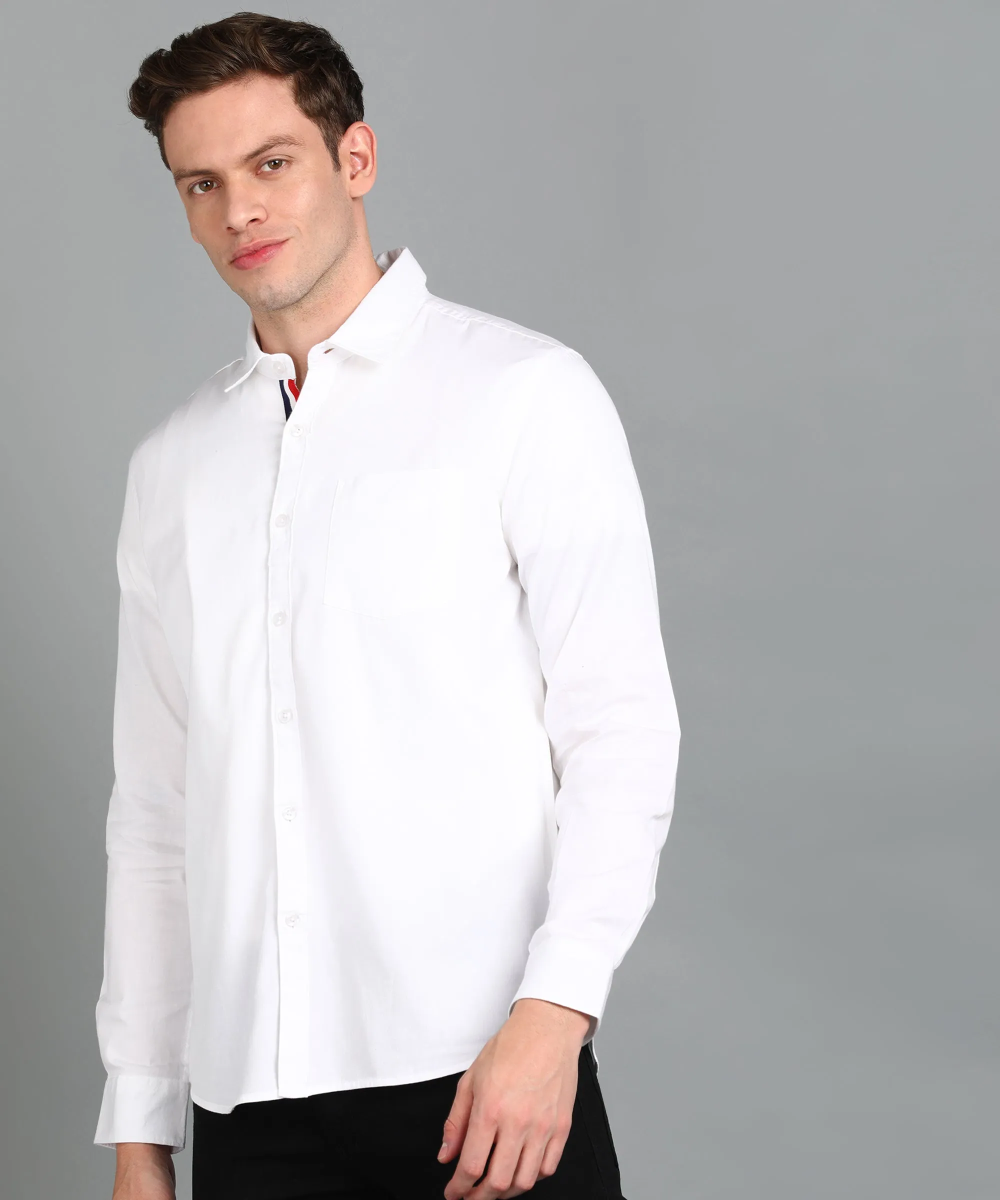 Men's White Cotton Full Sleeve Slim Fit Casual Solid Shirt