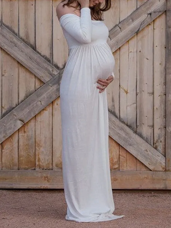 Momnfancy Bandeau Solid Off Shoulder Photoshot Maternity Maxi Dress