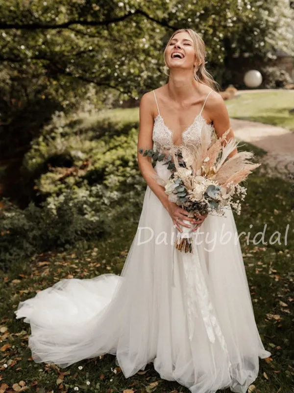 New Arrival V-neck Lace Tulle A-line Long Wedding Dresses.DB10475