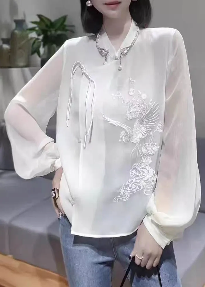 New White Embroidered Chinese Button Chiffon Shirt Spring QA1048