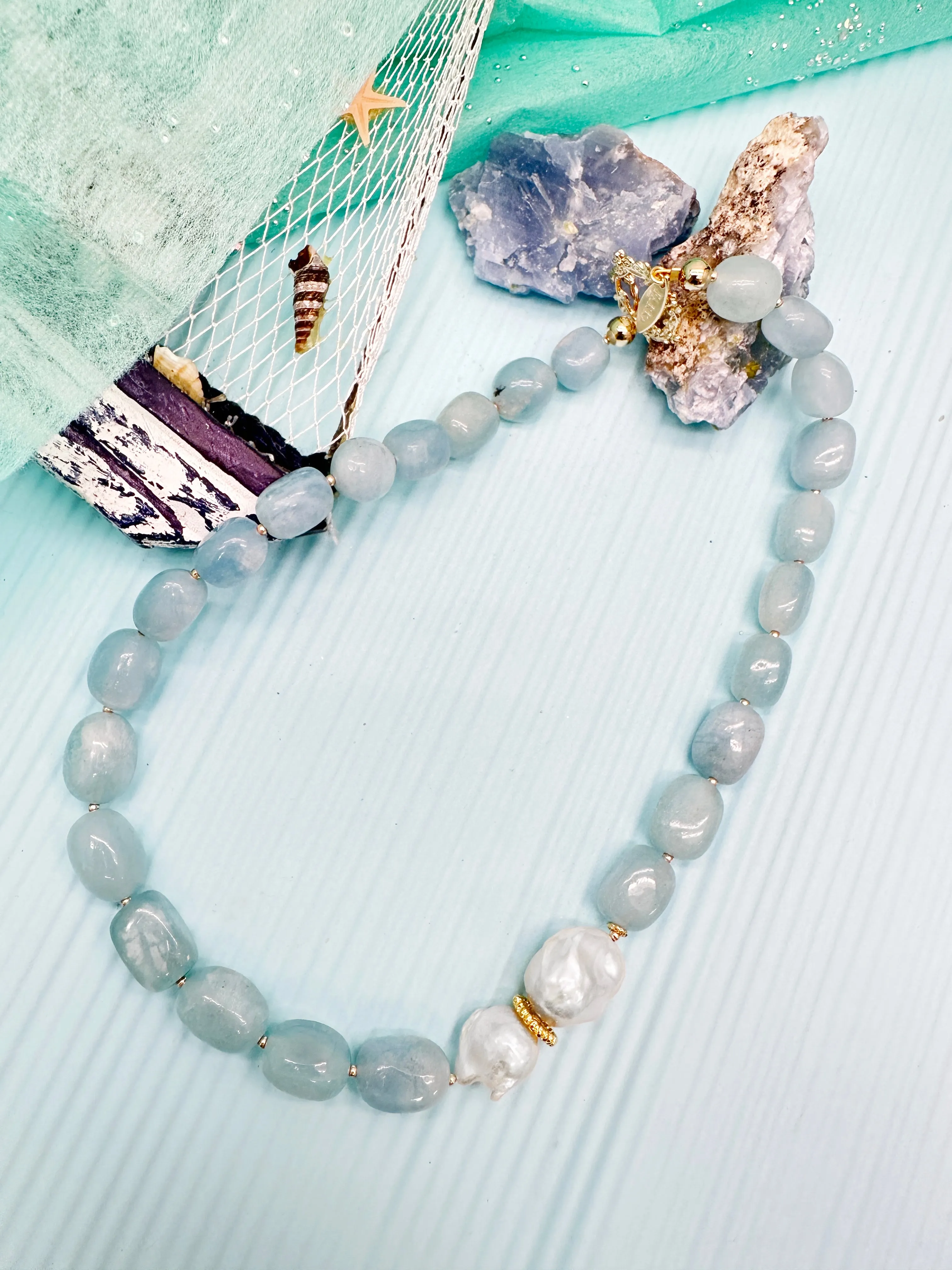 Nugget Aquamarine with Natural Baroque Pearls Necklace LN025