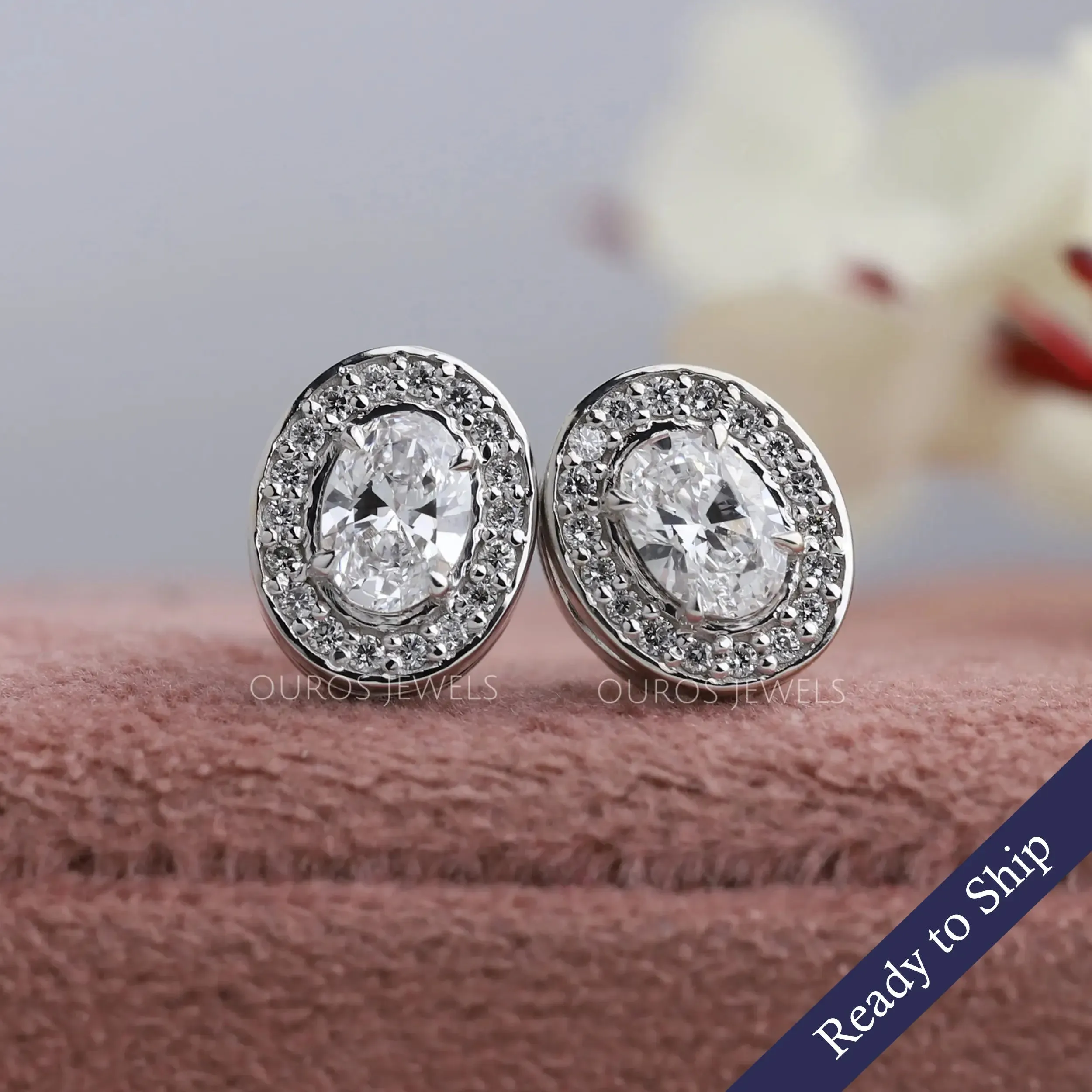 Oval Cut Halo Diamond Stud Earrings