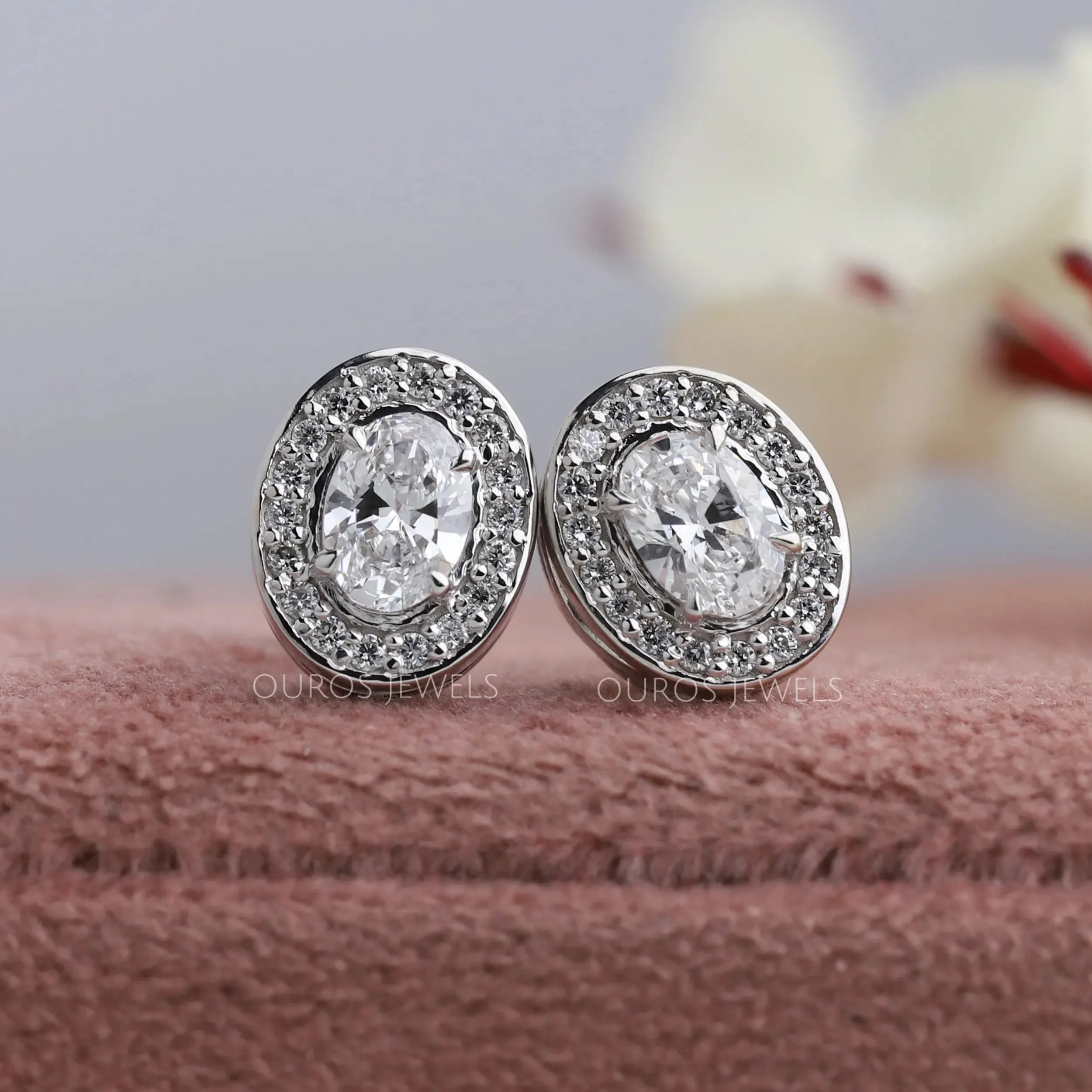 Oval Cut Halo Diamond Stud Earrings