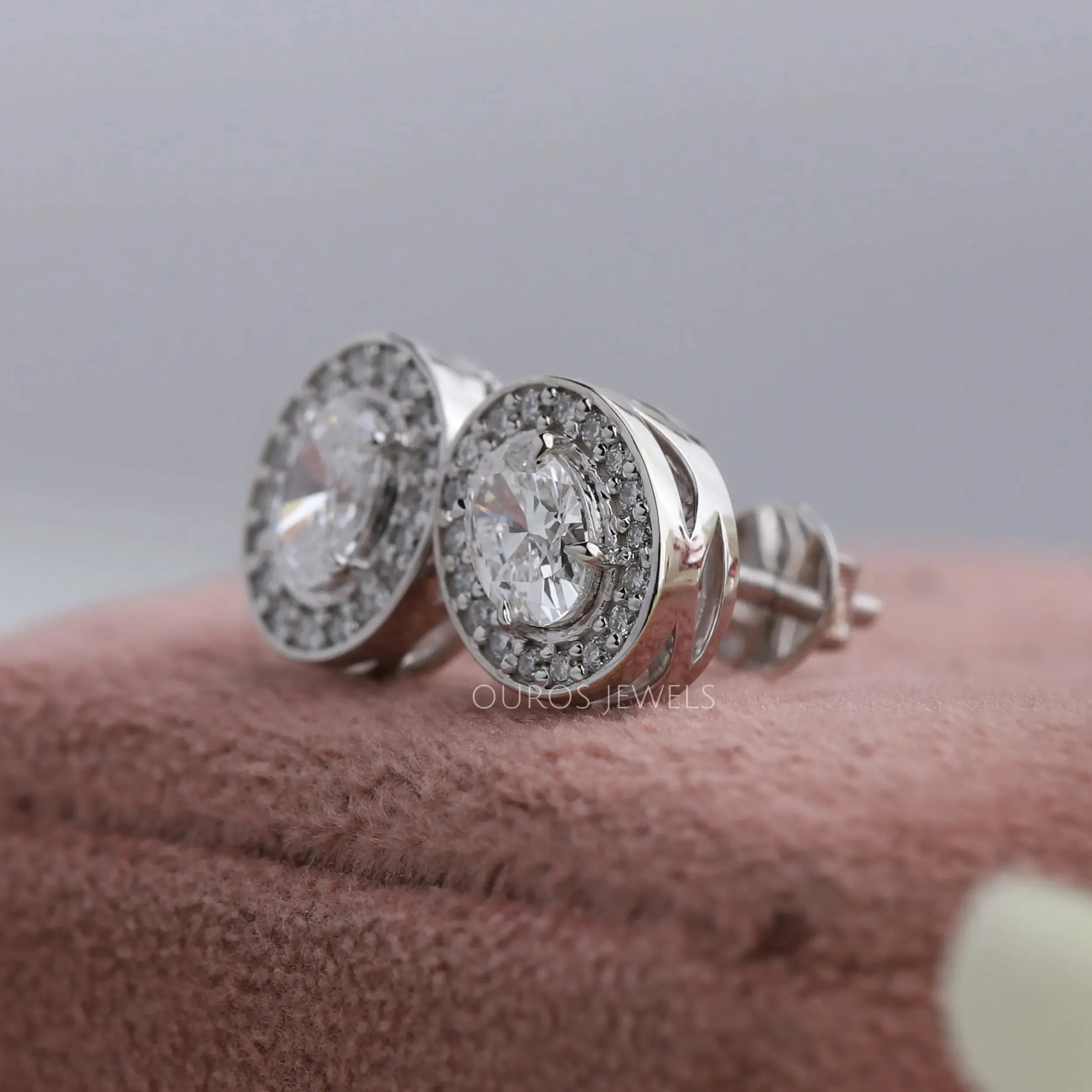 Oval Cut Halo Diamond Stud Earrings