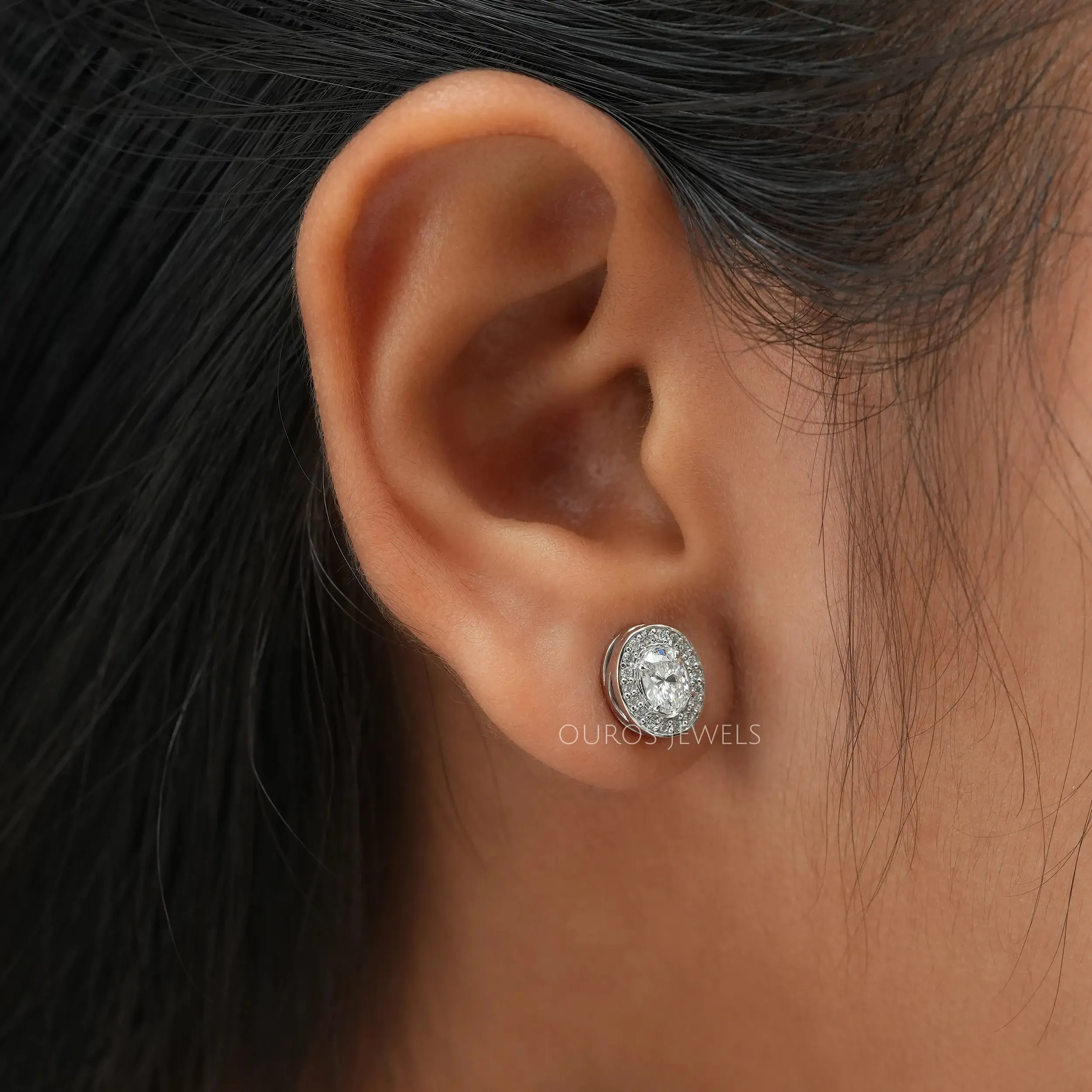 Oval Cut Halo Diamond Stud Earrings