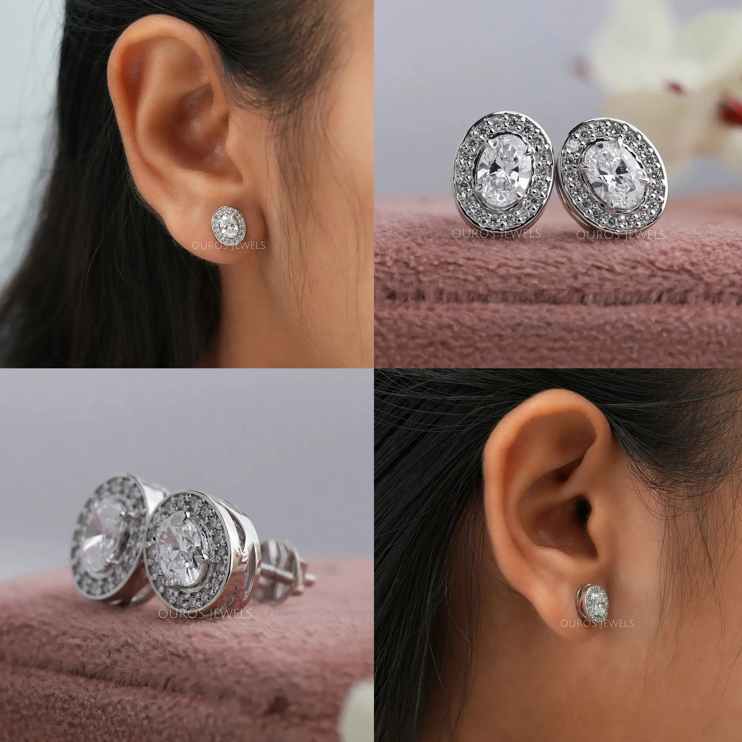 Oval Cut Halo Diamond Stud Earrings