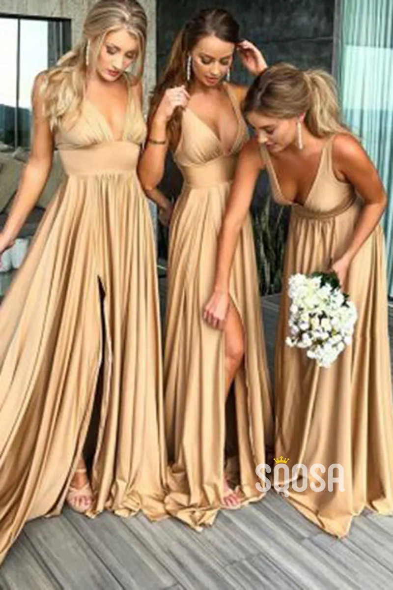 Plunging V-neck Side Slit A-line Long Bridesmaid Dresses QB2121