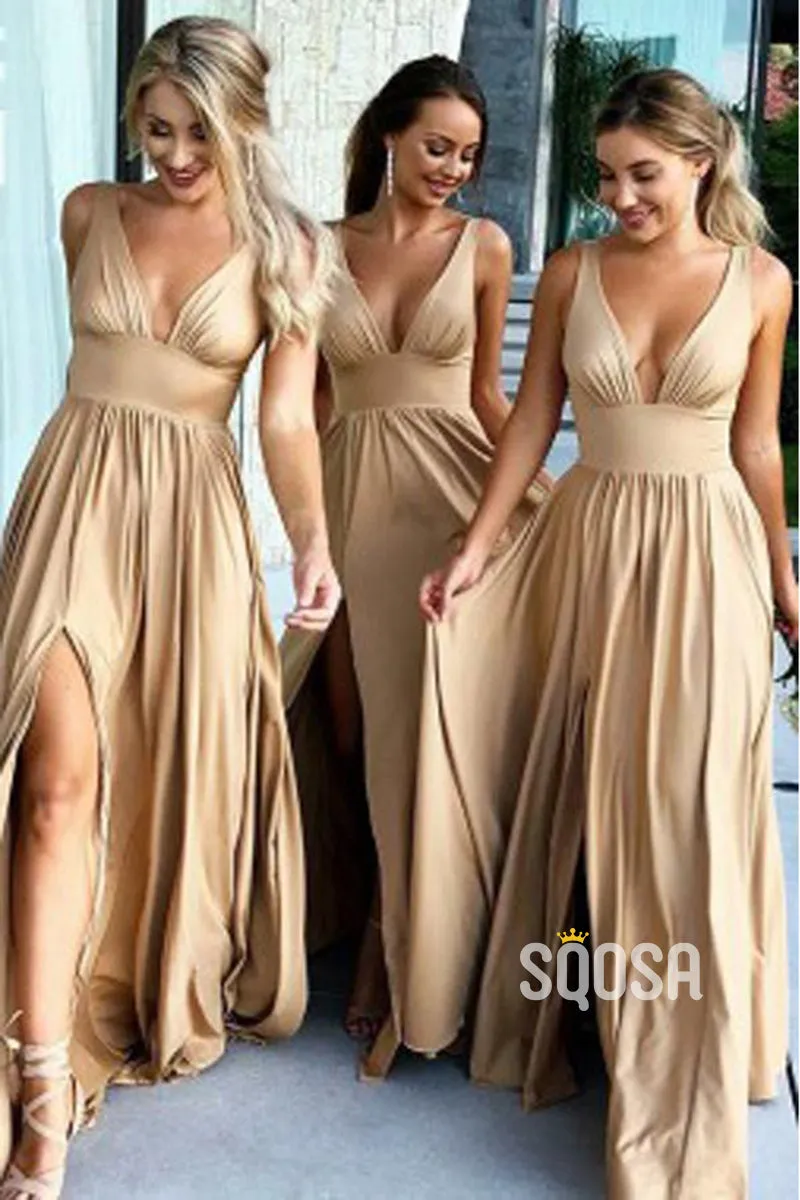 Plunging V-neck Side Slit A-line Long Bridesmaid Dresses QB2121