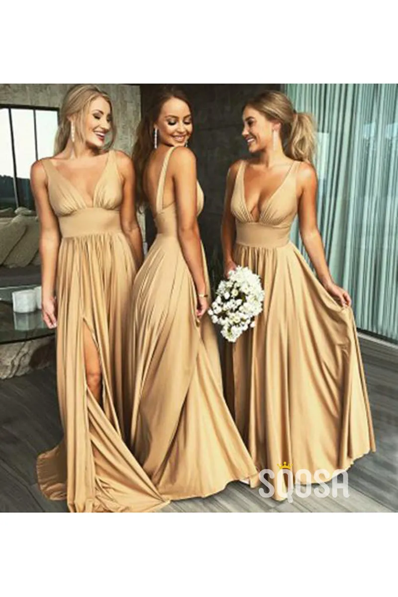 Plunging V-neck Side Slit A-line Long Bridesmaid Dresses QB2121