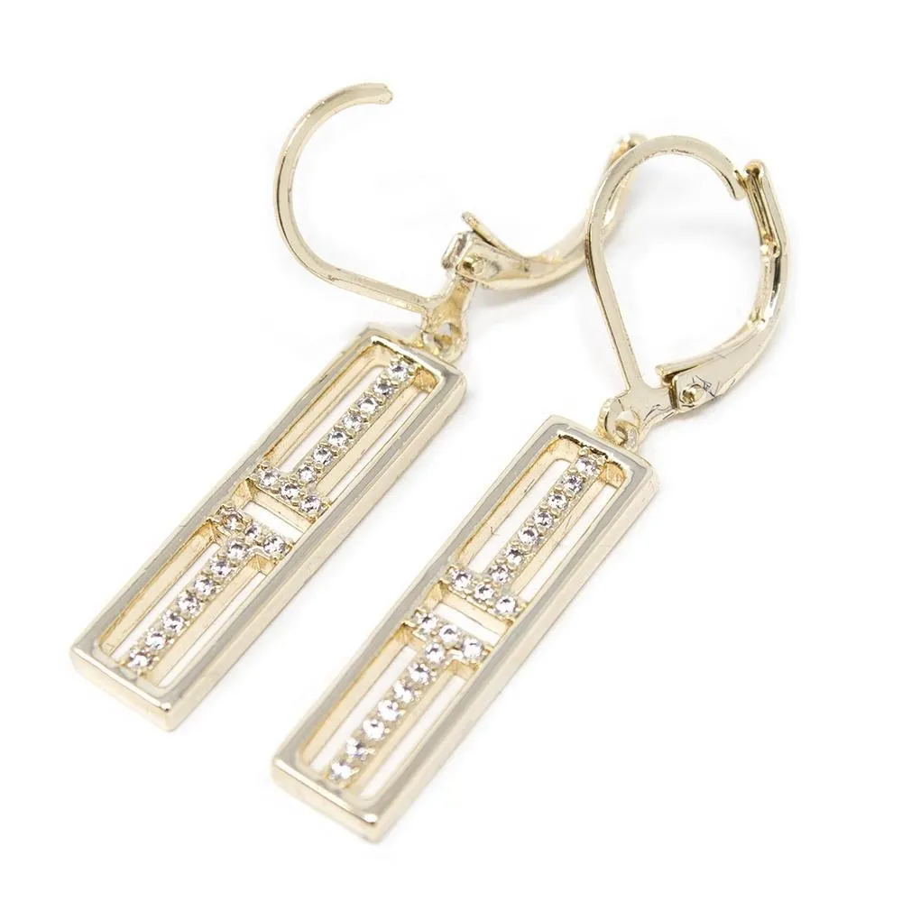 Rectangular Pave Drop Earrings Gold Tone