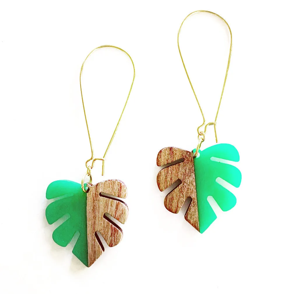 Resin and Wood Monstera Drop Earrings