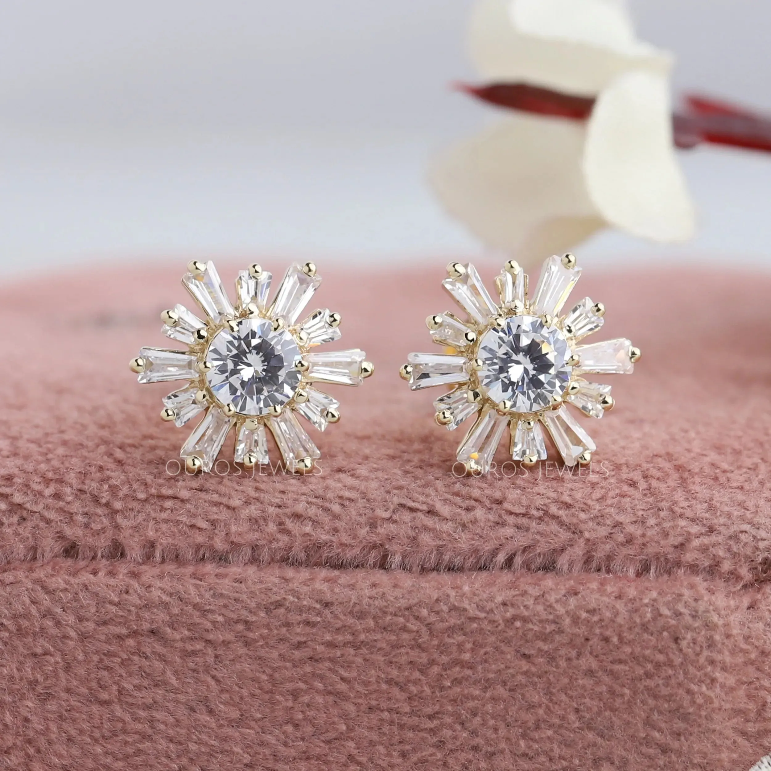 Round & Tapered Baguette Diamond  Stud Earrings