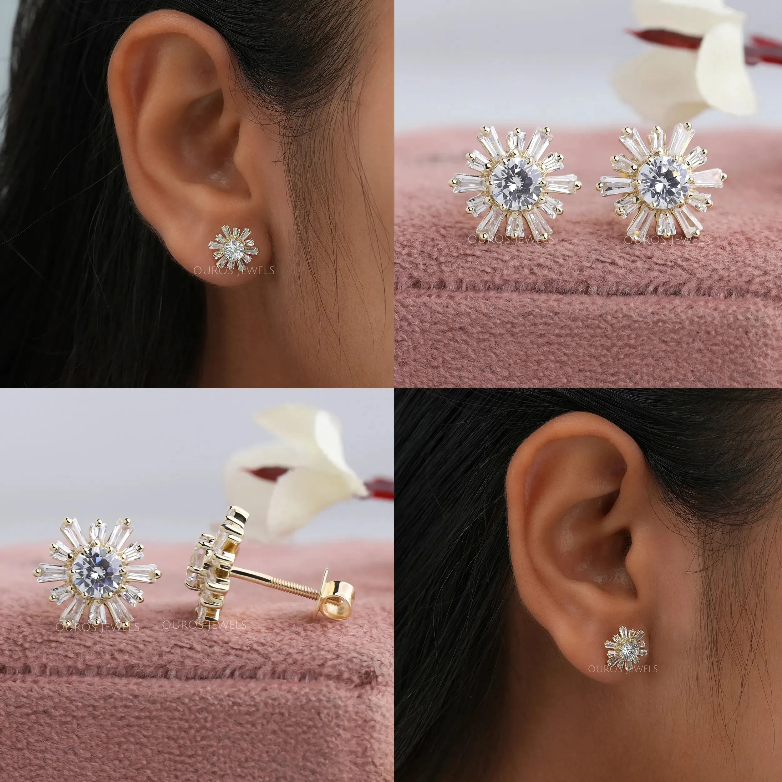 Round & Tapered Baguette Diamond  Stud Earrings