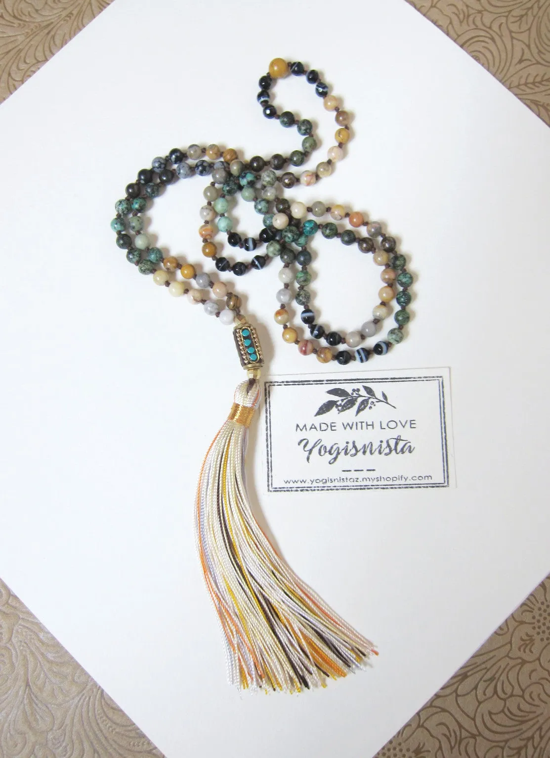 SALE - Bohemian African Turquoise Tibetan Guru Bead Tassel Necklace