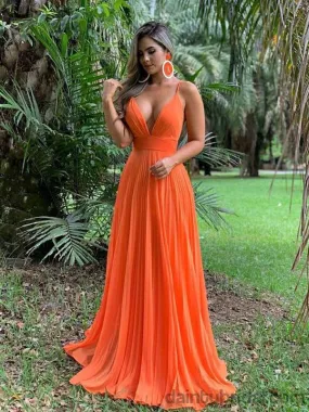 Sexy Deep V-Neck Chiffon A-Line Orange Long Prom Dress.DB10046