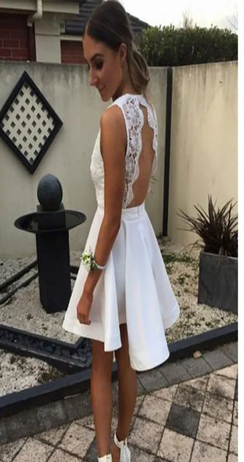 Sexy Short White Lace Open Back Unique Style Deep V-neck Homecoming Dress,BD00176