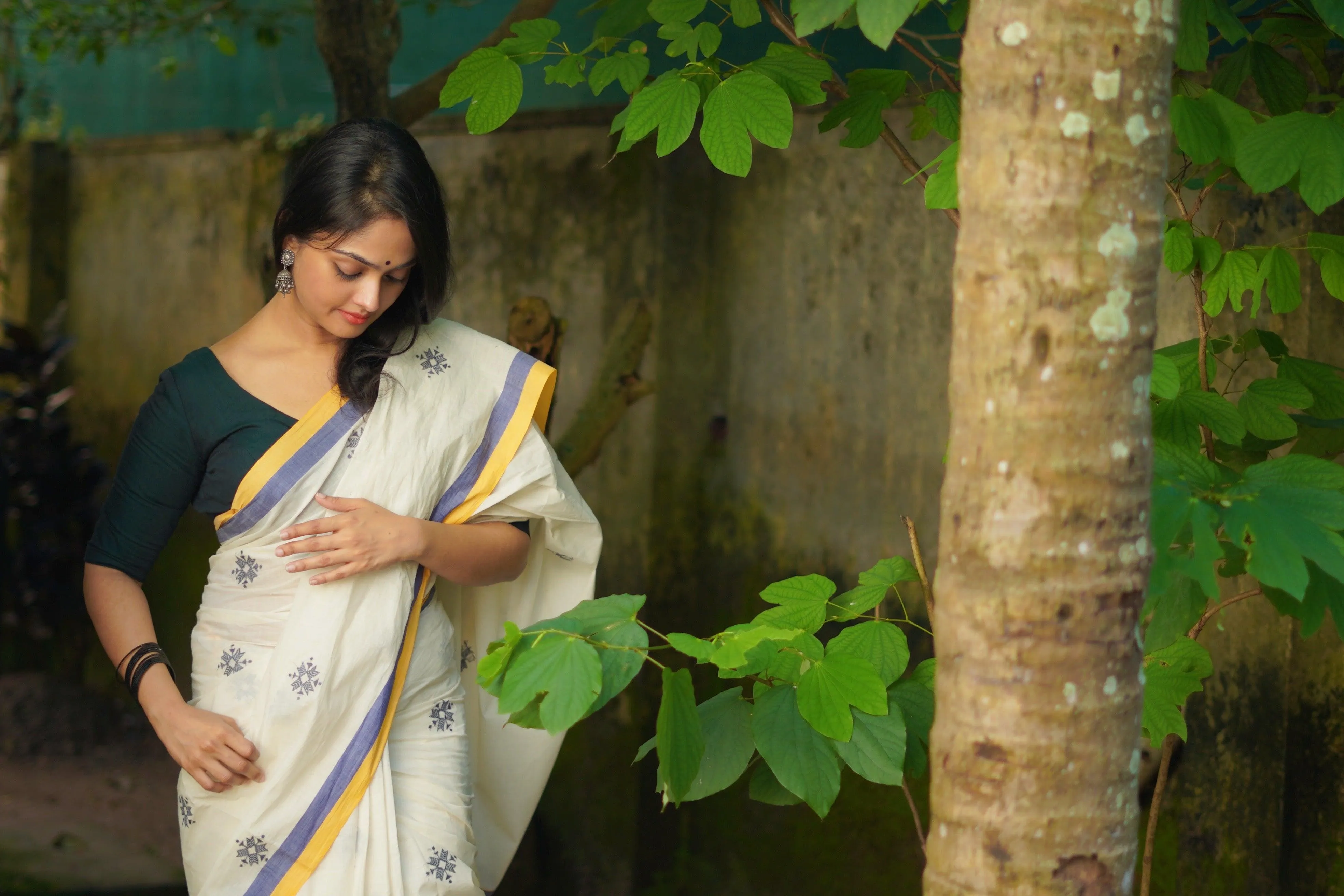 Sitara -  Navya Kerala cotton saree with Kantha work