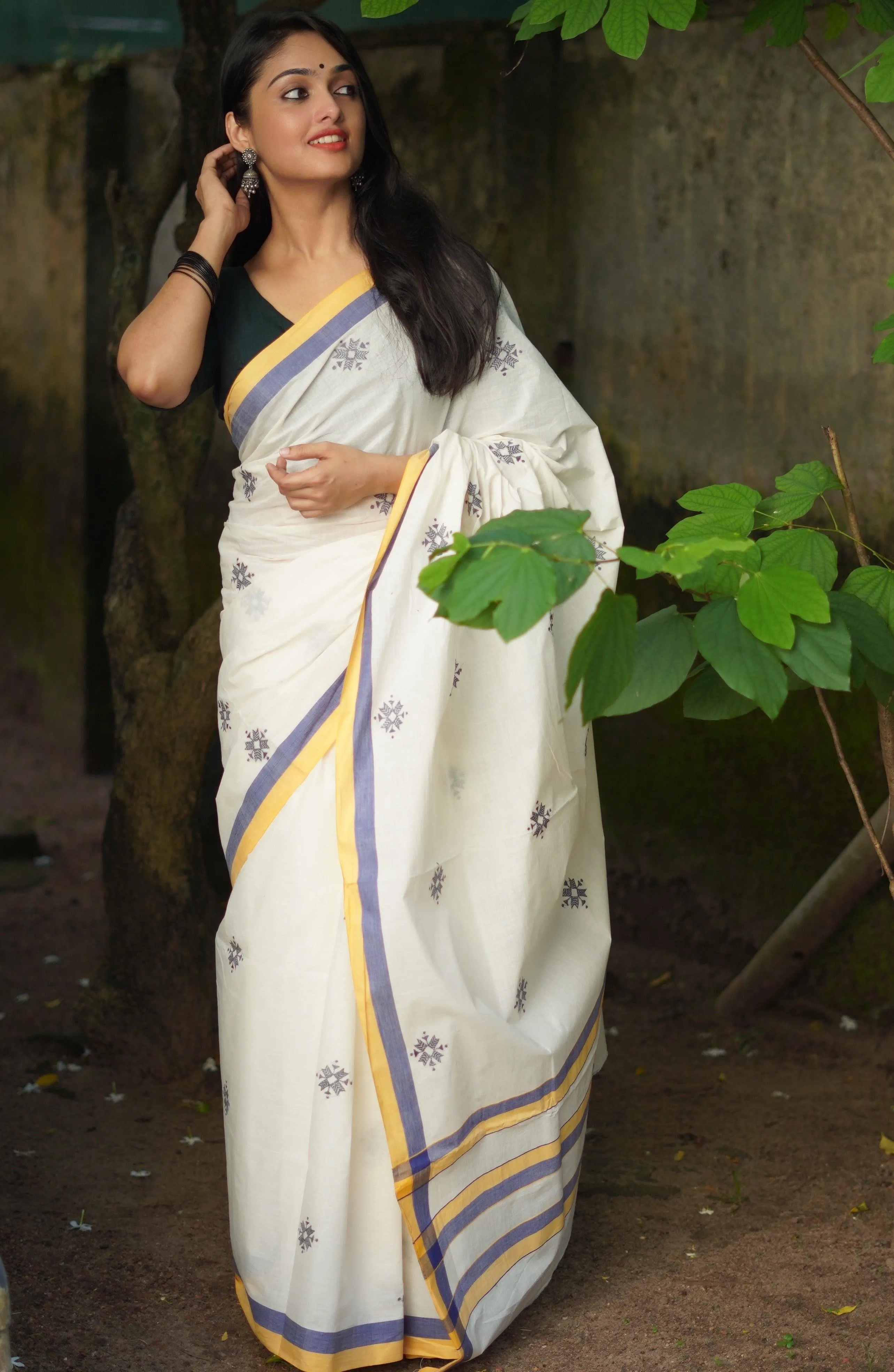 Sitara -  Navya Kerala cotton saree with Kantha work