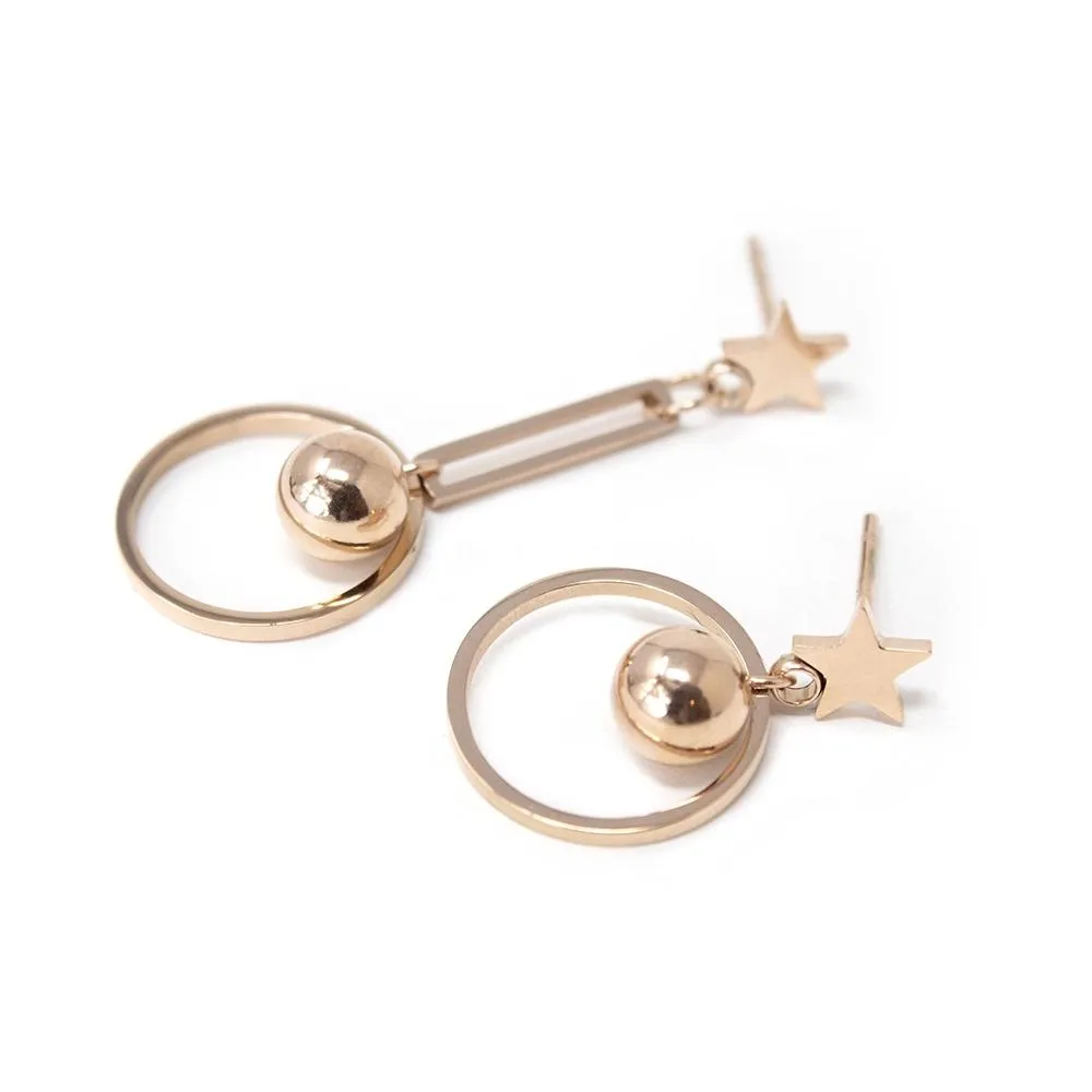 Stainless St Ball/Open Circle Drop Earrings Rose G Plated