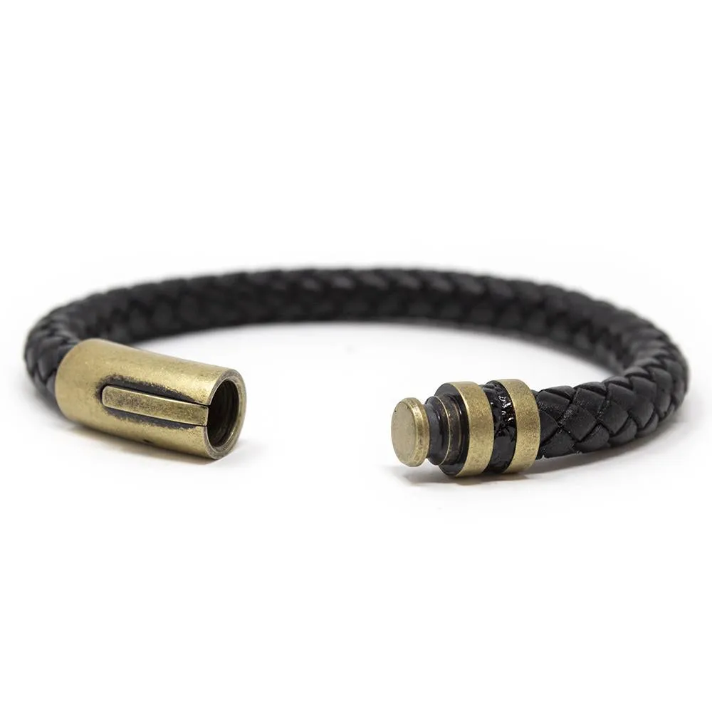 Stainless Steel Black Leather Braided Bracelet Antique Gold Clasp