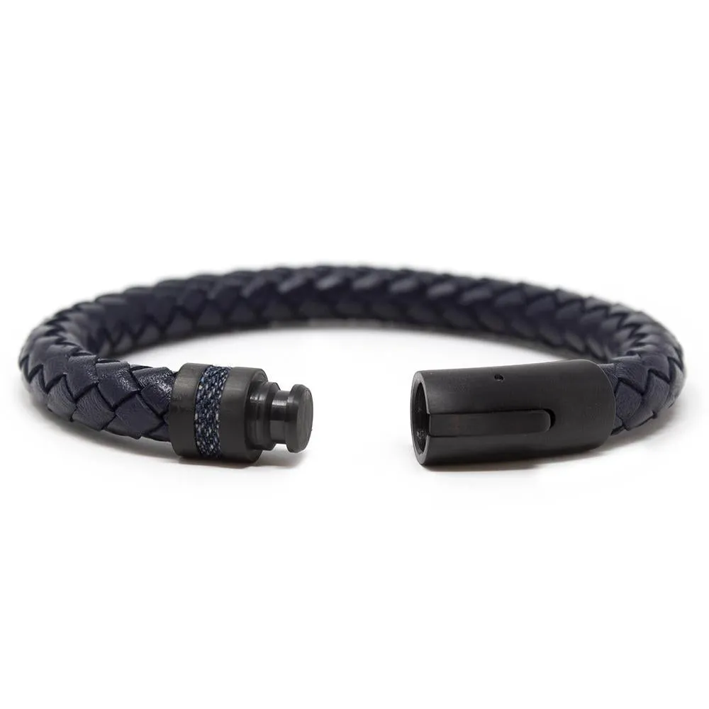 Stainless Steel Blue Leather Braided Bracelet Black Clasp