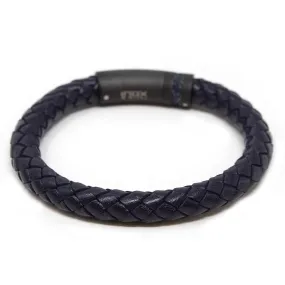 Stainless Steel Blue Leather Braided Bracelet Black Clasp