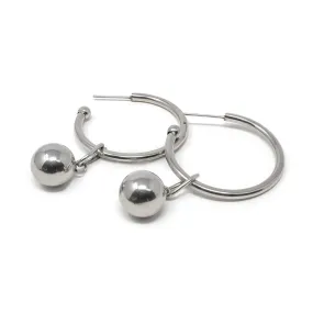 Stainless Steel C Hoop Earrings with Dangling Ball