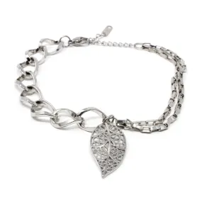 Stainless Steel Filigree Leaf Pendant Bracelet