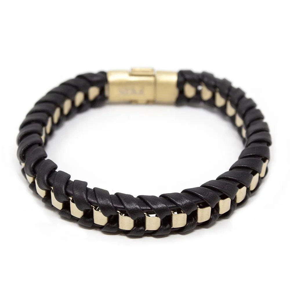 Stainless Steel Gold Ion Plated Black Leather Bracelet