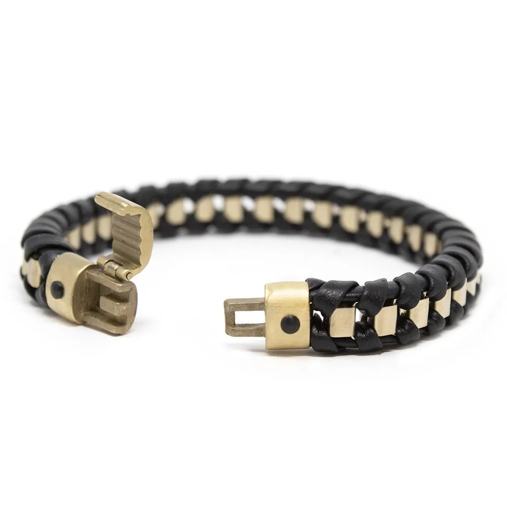 Stainless Steel Gold Ion Plated Black Leather Bracelet