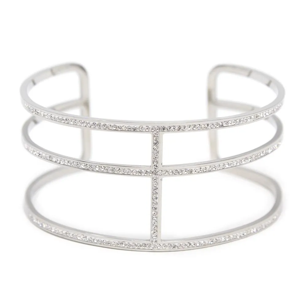 Stainless Steel Three Pave Bar Cuff Bracelet