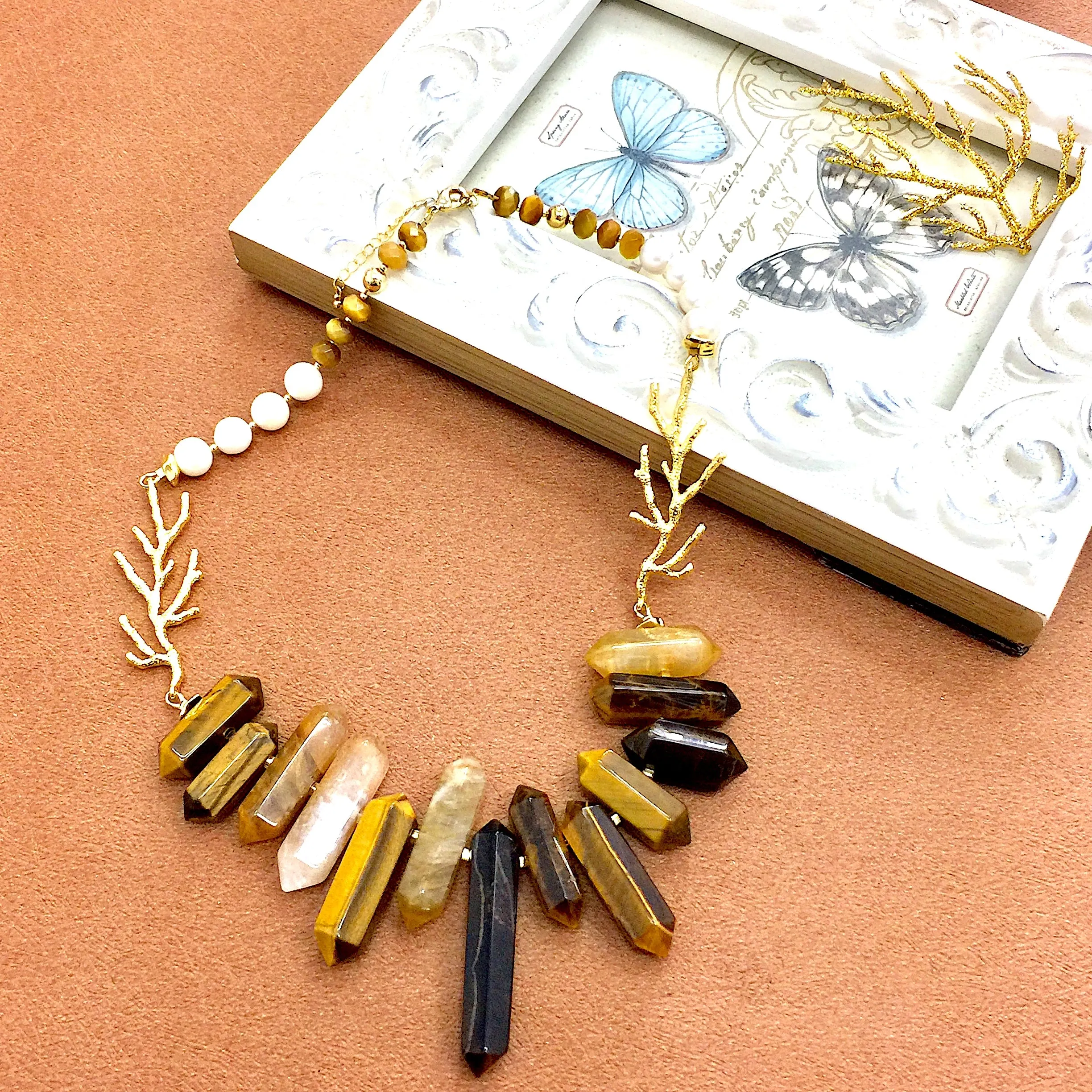 Tiger Eye and Freshwater Pearls Statement Necklace AN042