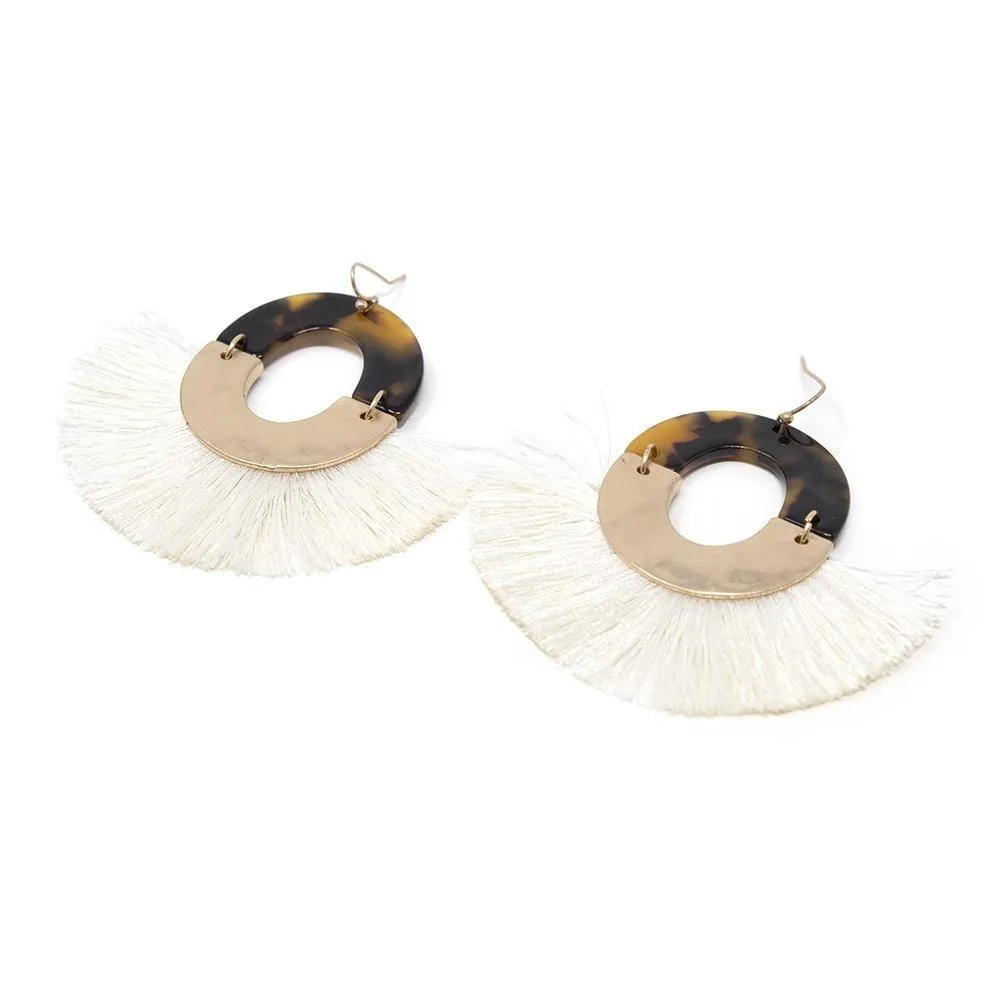 Tortoise Cream Tassel Earrings Gold Tone