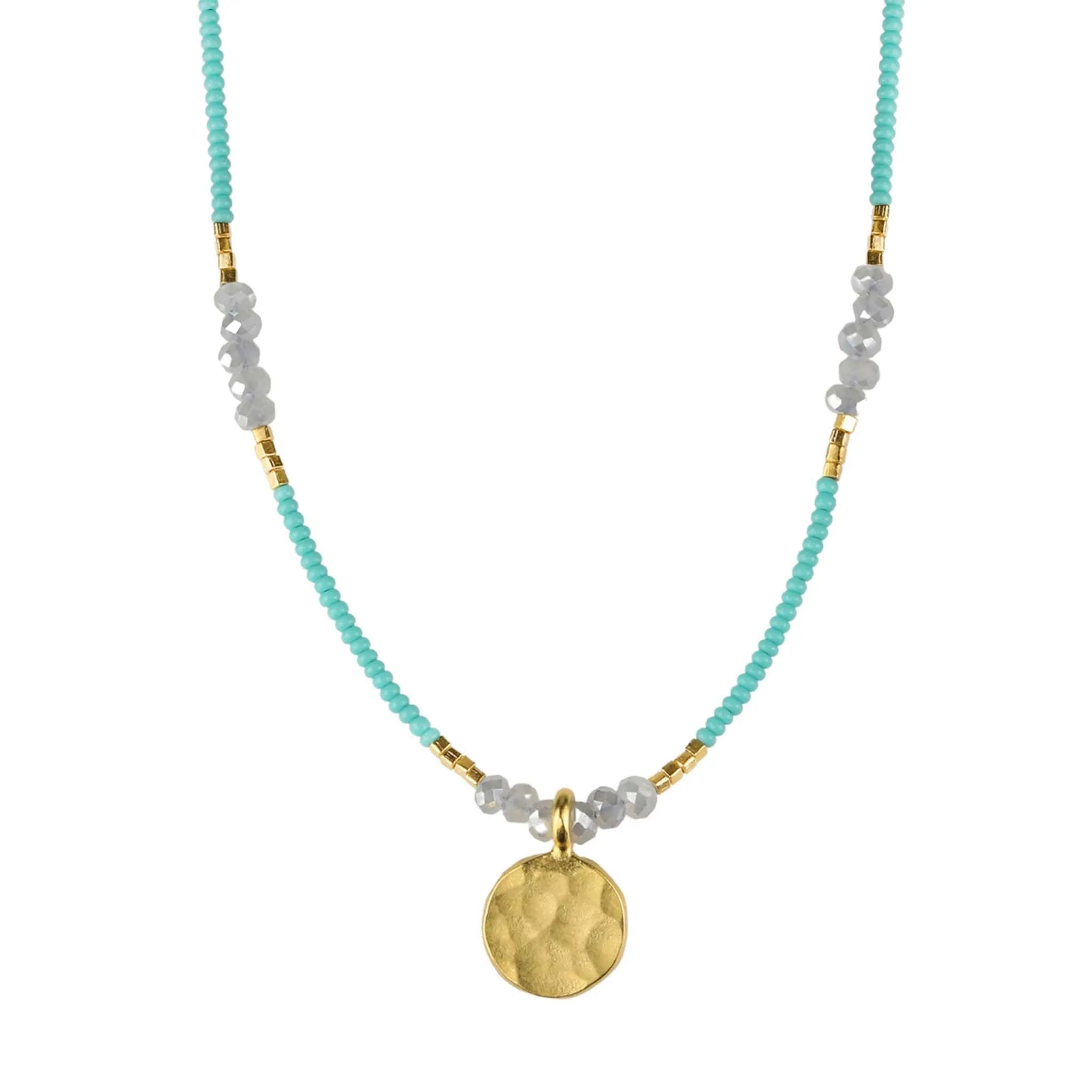 Turquoise Seed Bead Necklace with Grey Quartz & Gold Disc Drop