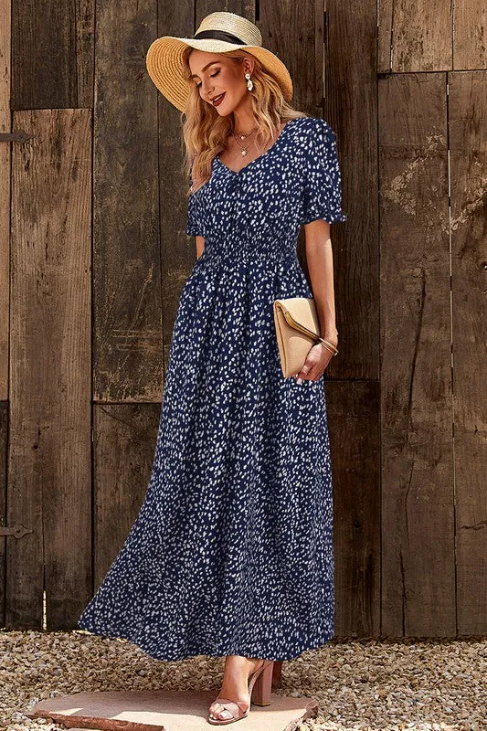 V Neck Short Sleeve Print Maxi Dress