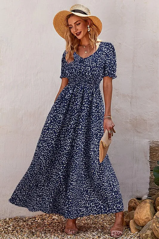 V Neck Short Sleeve Print Maxi Dress