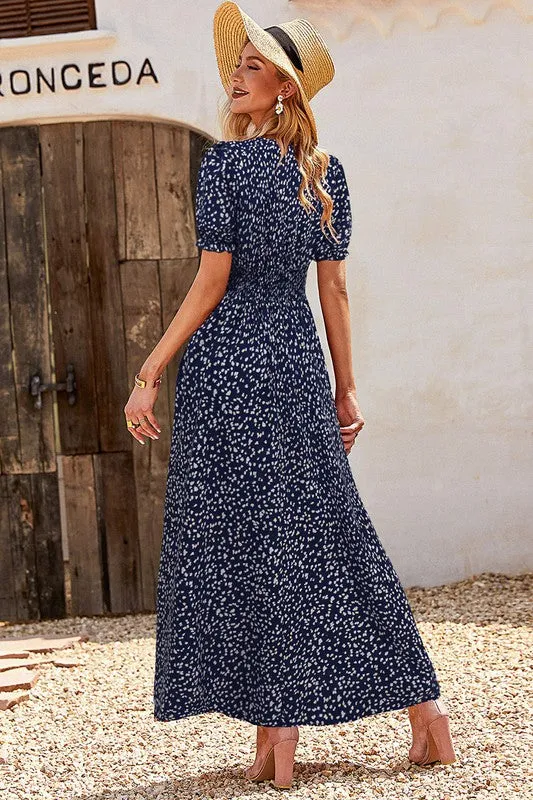 V Neck Short Sleeve Print Maxi Dress