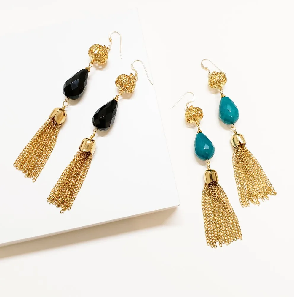 Vintage filigree stone tassel duster earrings - Jet Black or Aqua Blue