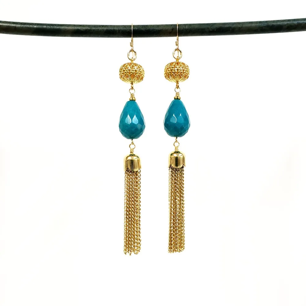 Vintage filigree stone tassel duster earrings - Jet Black or Aqua Blue