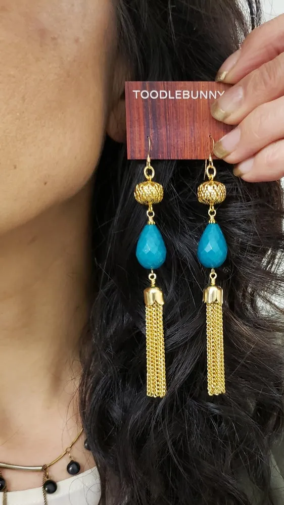 Vintage filigree stone tassel duster earrings - Jet Black or Aqua Blue