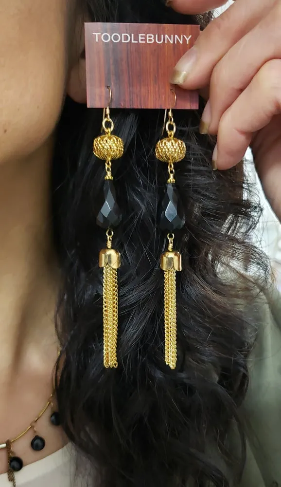 Vintage filigree stone tassel duster earrings - Jet Black or Aqua Blue