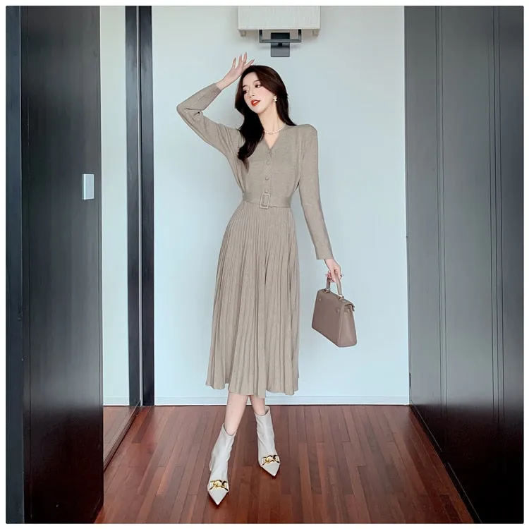 Women's Winter Elastic Knitted V-Neck Pleated A-line Slim Dresses