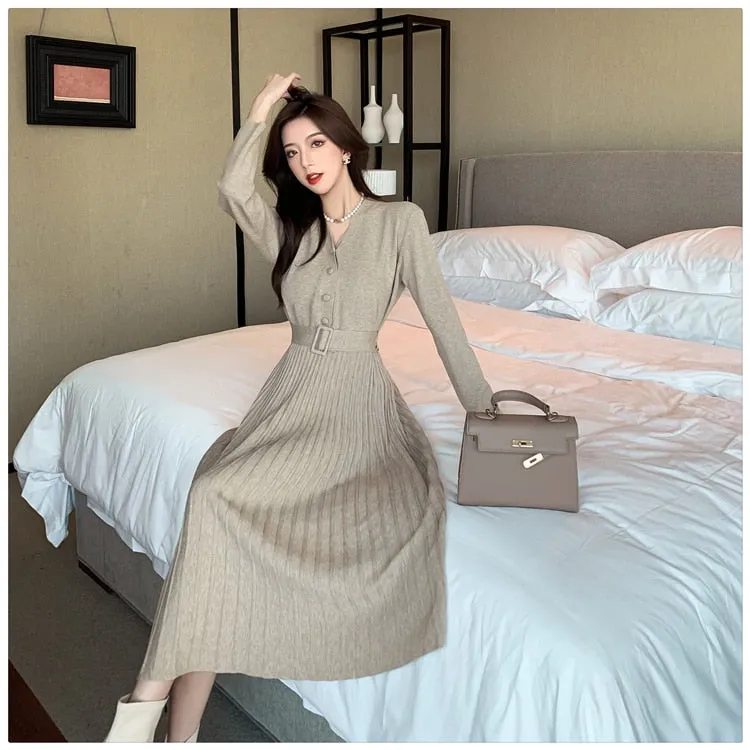 Women's Winter Elastic Knitted V-Neck Pleated A-line Slim Dresses