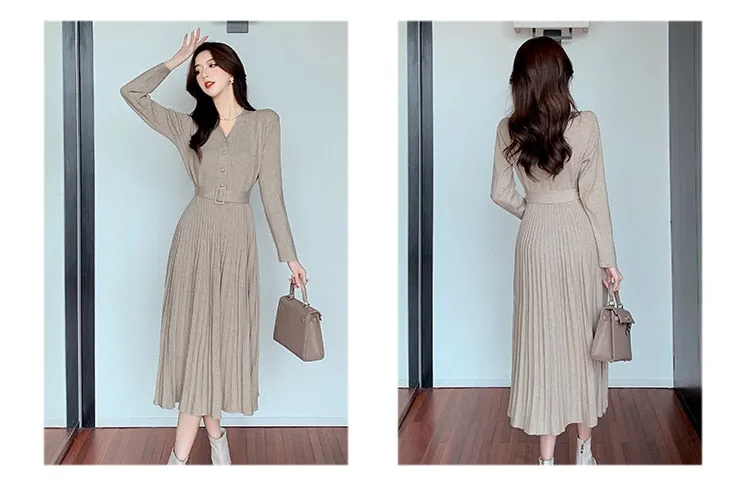 Women's Winter Elastic Knitted V-Neck Pleated A-line Slim Dresses