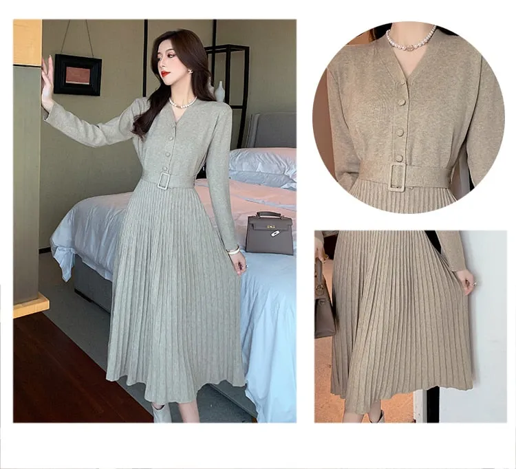 Women's Winter Elastic Knitted V-Neck Pleated A-line Slim Dresses