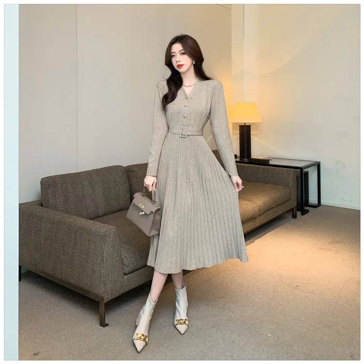 Women's Winter Elastic Knitted V-Neck Pleated A-line Slim Dresses